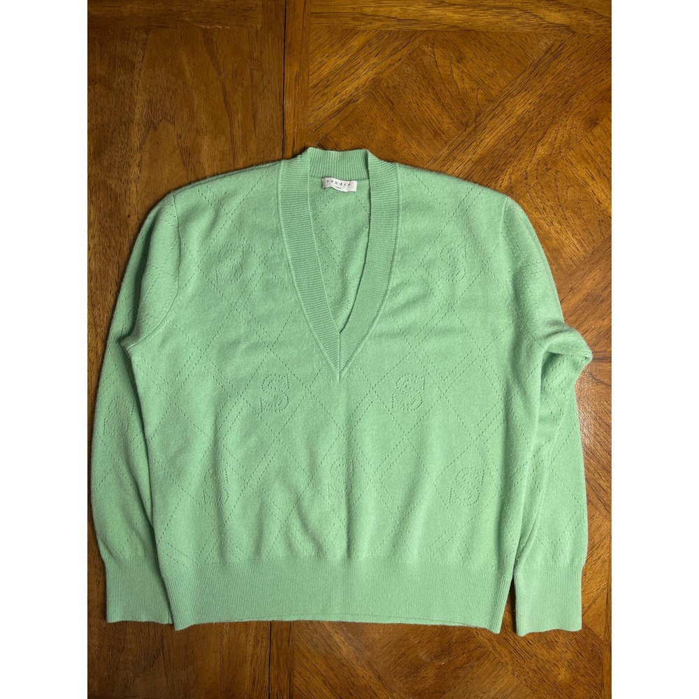 Sandro V-Neck Sweater Mint Green Wool Cashmere Pointelle Logo SFPUU01010 8111